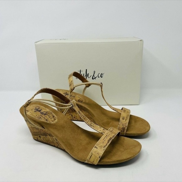 Style & Co Mulan Tan Cork Wedge Sandal Summer Beach Cruise Vacation T-Strap - Picture 1 of 11